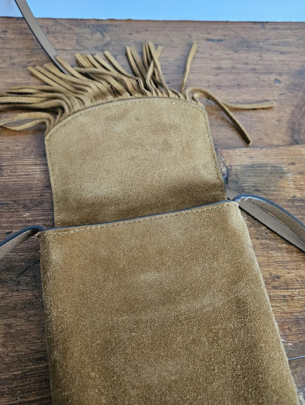 Tory Burch Farrah Suede Fringe Crossbody Phone Bag Pouch Purse Brown